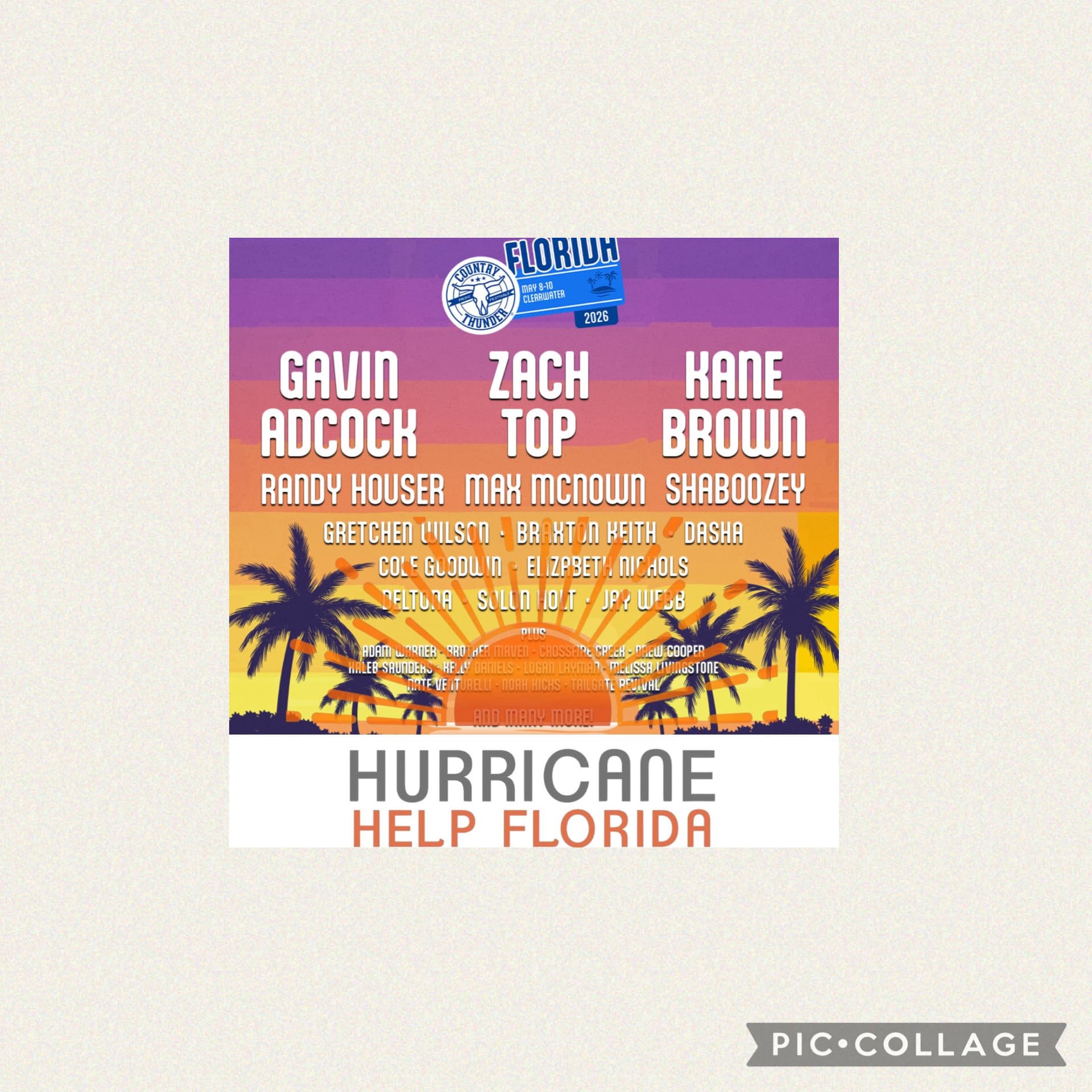 Hurricane Help Florida logo with the sun faded into the sunset of Country Thunder flyer