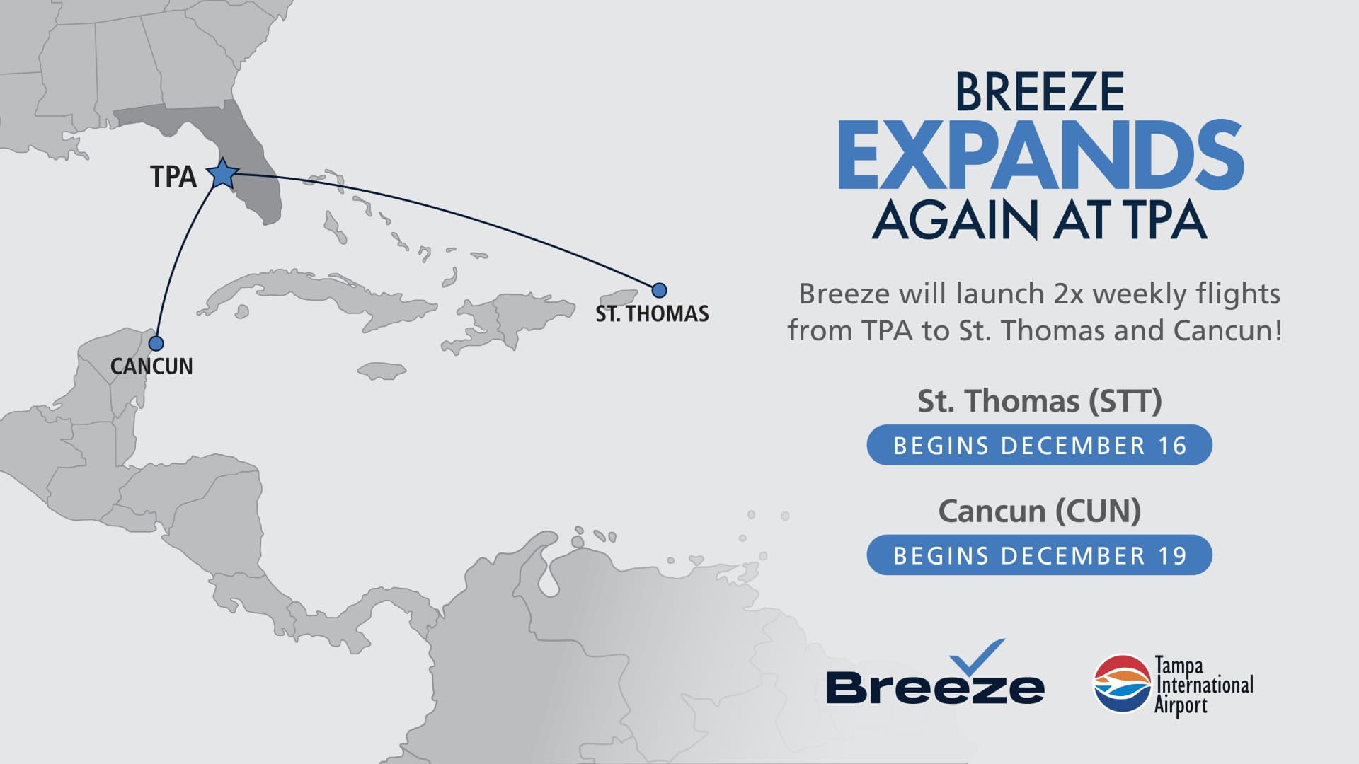 A grey map with a star at Tampa with two lines leading to Cancun and St. Thomas