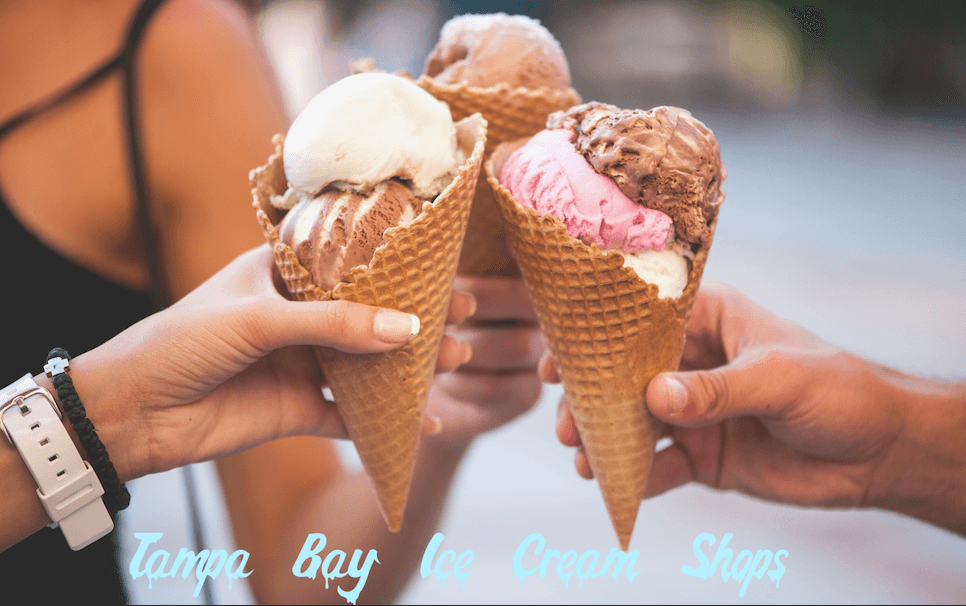 Three cones with ice cream scoops in them being held by hands