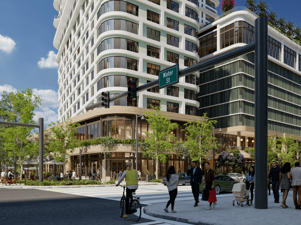 Rendering of new glass building of luxury tower on water street