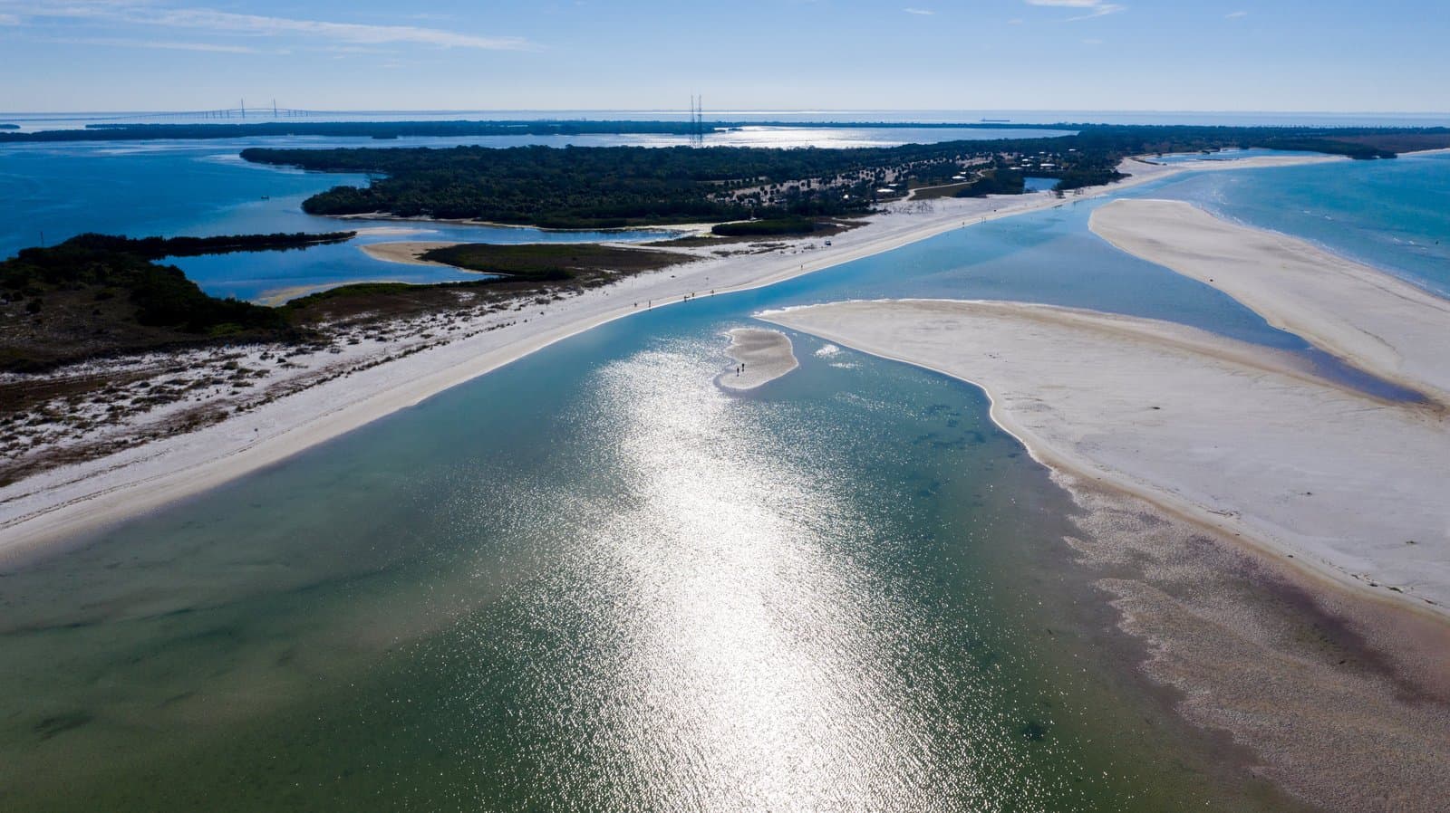 Sandy shoreline and turquoise water at Fort De Soto Park North Beach in Pinellas County