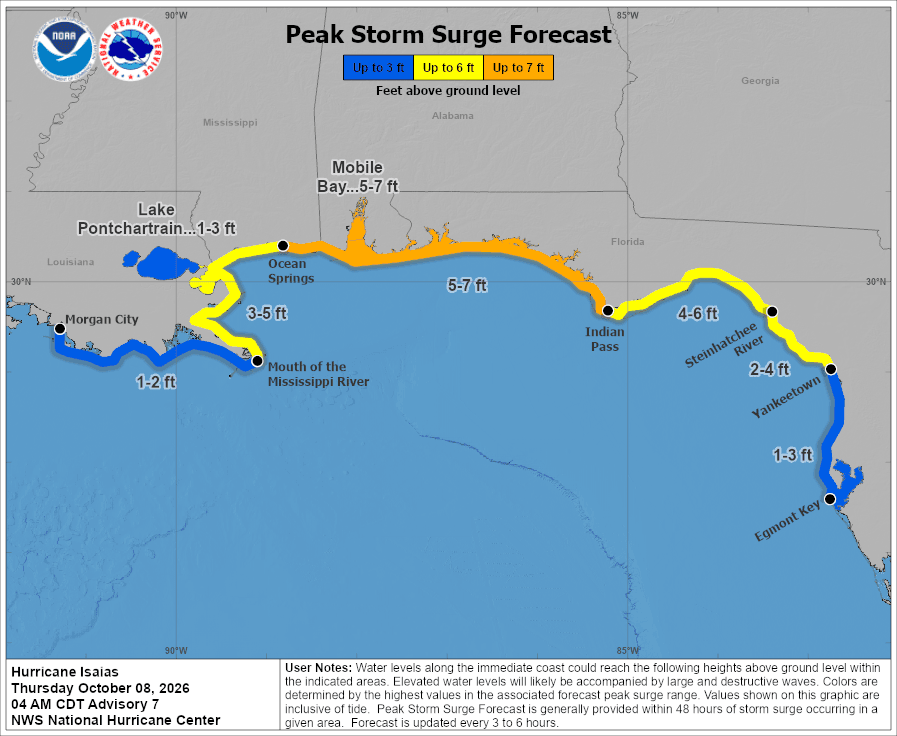 National Hurricane Center peak storm surge forecast map for Hurricane Isaias showing 1 to 3 feet from Yankeetown to Egmont Key and up to 7 feet along the Alabama and Florida Panhandle coast