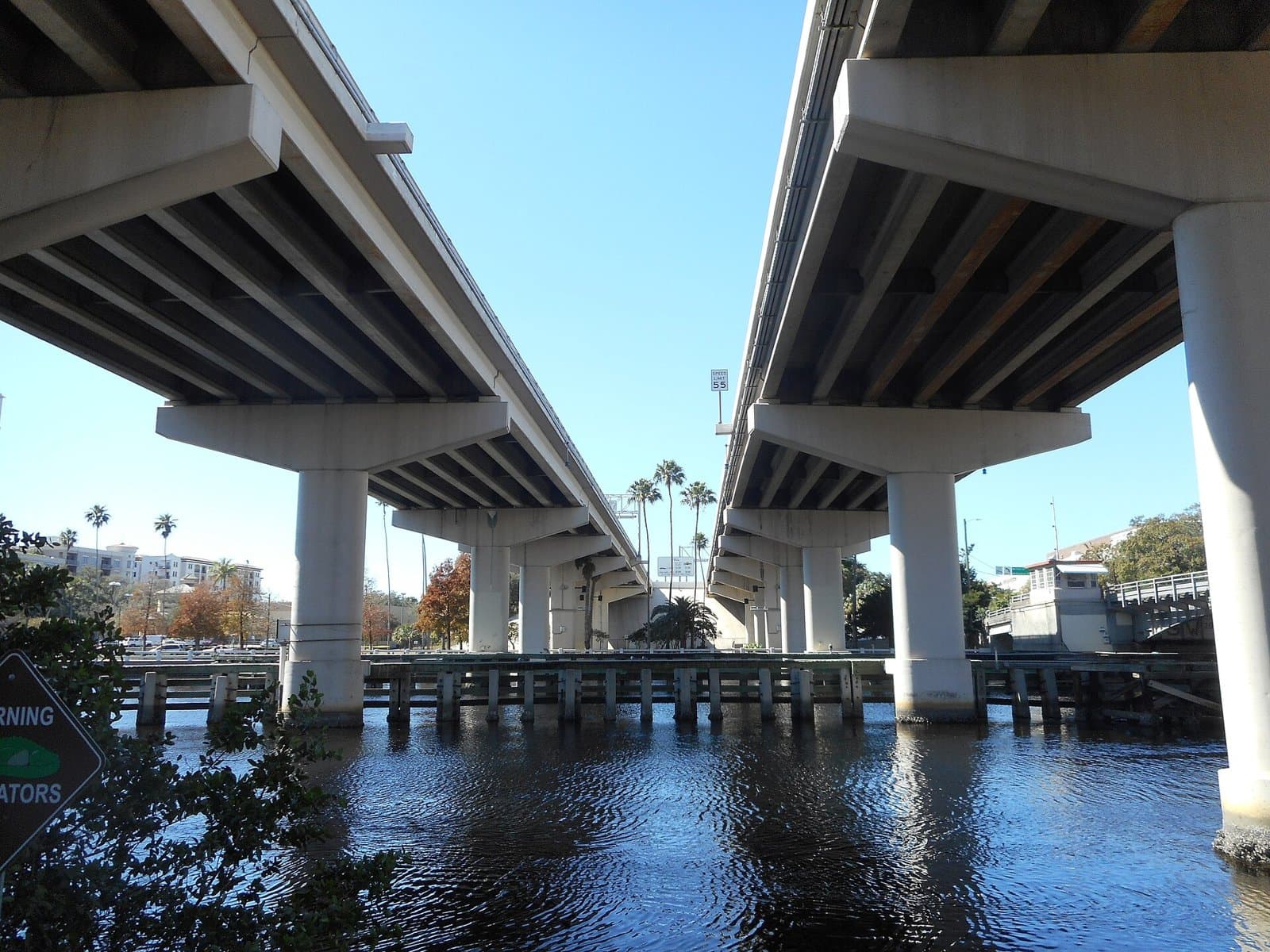 The elevated Lee Roy Selmon Expressway crossing the Hillsborough River in Tampa, viewed from below
